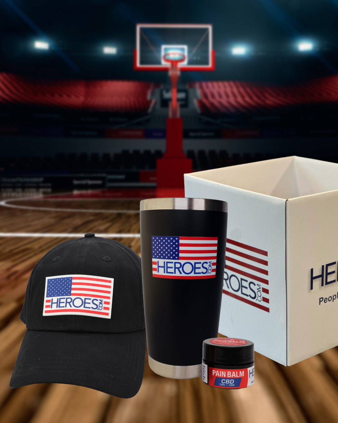 Heroes branded merchandise including a cap, tumbler, and pain balm on a basketball court background.