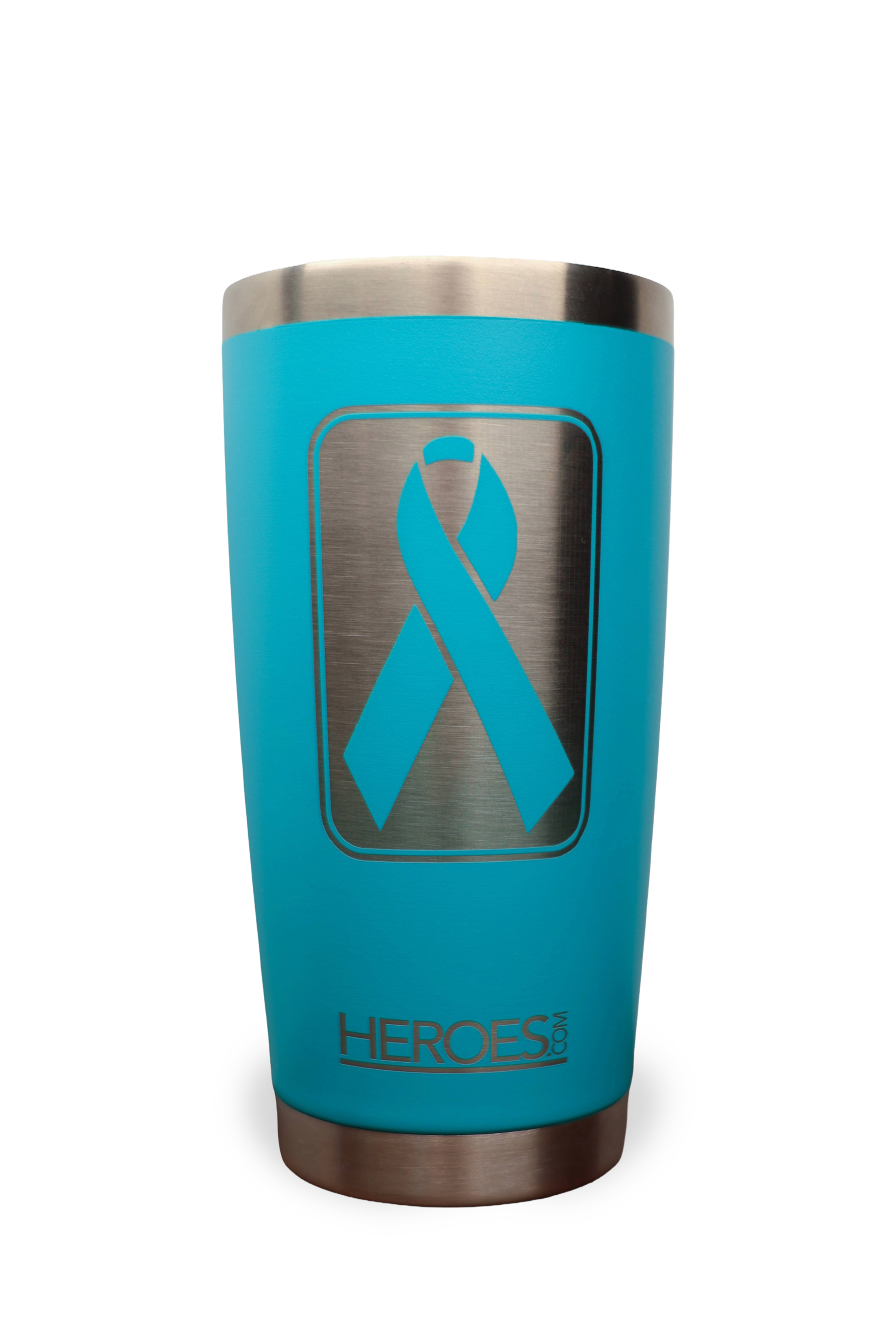 Turquoise tumbler with a teal ribbon design and 'HEROES' branding on a white background
